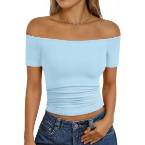 imageTrendy Queen Summer Off The Shoulder Tops for Women Going Out Short Sleeve Shirts Cute Y2K Sexy Basic Clothes 2026 FashionBaby Blue