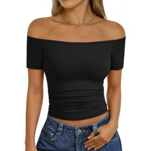 imageTrendy Queen Summer Off The Shoulder Tops for Women Going Out Short Sleeve Shirts Cute Y2K Sexy Basic Clothes 2026 FashionBlack