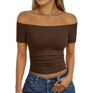 imageTrendy Queen Summer Off The Shoulder Tops for Women Going Out Short Sleeve Shirts Cute Y2K Sexy Basic Clothes 2026 FashionChocolate
