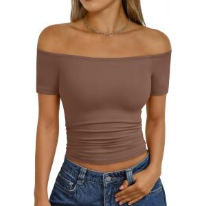 imageTrendy Queen Summer Off The Shoulder Tops for Women Going Out Short Sleeve Shirts Cute Y2K Sexy Basic Clothes 2026 FashionCoffee