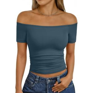 imageTrendy Queen Summer Off The Shoulder Tops for Women Going Out Short Sleeve Shirts Cute Y2K Sexy Basic Clothes 2026 FashionHaze Blue