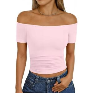 imageTrendy Queen Summer Off The Shoulder Tops for Women Going Out Short Sleeve Shirts Cute Y2K Sexy Basic Clothes 2026 FashionPink