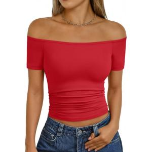 imageTrendy Queen Summer Off The Shoulder Tops for Women Going Out Short Sleeve Shirts Cute Y2K Sexy Basic Clothes 2026 FashionRed