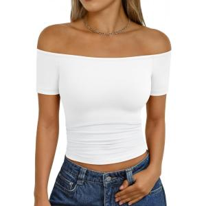 imageTrendy Queen Summer Off The Shoulder Tops for Women Going Out Short Sleeve Shirts Cute Y2K Sexy Basic Clothes 2026 FashionWhite