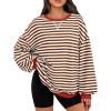imageTrendy Queen Oversized Sweatshirt for Women 2026 Fall Crewneck Striped Long Sleeve Shirts Hoodies Cute Top Y2K OutfitsBrownwhite