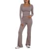 imageTrendy Queen Womens Workout Sets 2 Piece Fall Outfits Square Neck Tops Flare Pants Tracksuits Clothes Winter Fashion 2026Coffeegrey