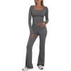 imageTrendy Queen Womens Workout Sets 2 Piece Fall Outfits Square Neck Tops Flare Pants Tracksuits Clothes Winter Fashion 2026Darkgrey