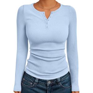 imageTrendy Queen Long Sleeve Henley Shirts for Women Fall Winter Ribbed Thermal Tops Casual Blouses Basics Tees Cute SweatersBlue