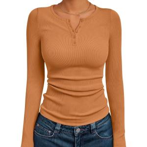 imageTrendy Queen Long Sleeve Henley Shirts for Women Fall Winter Ribbed Thermal Tops Casual Blouses Basics Tees Cute SweatersOrange