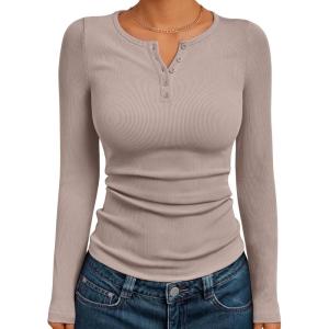 imageTrendy Queen Long Sleeve Henley Shirts for Women Fall Winter Ribbed Thermal Tops Casual Blouses Basics Tees Cute SweatersTaupe