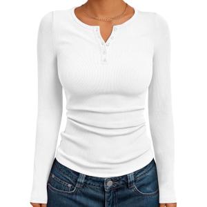 imageTrendy Queen Long Sleeve Henley Shirts for Women Fall Winter Ribbed Thermal Tops Casual Blouses Basics Tees Cute SweatersWhite