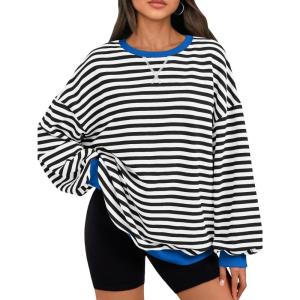 imageTrendy Queen Oversized Sweatshirt for Women 2026 Fall Crewneck Striped Long Sleeve Shirts Hoodies Cute Top Y2K OutfitsBlackwhite