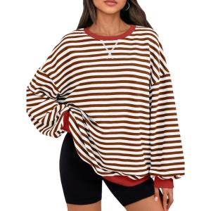 imageTrendy Queen Oversized Sweatshirt for Women 2026 Fall Crewneck Striped Long Sleeve Shirts Hoodies Cute Top Y2K OutfitsBrownwhite