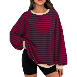 imageTrendy Queen Oversized Sweatshirt for Women 2026 Fall Crewneck Striped Long Sleeve Shirts Hoodies Cute Top Y2K OutfitsBurgundyblue