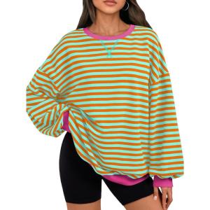 imageTrendy Queen Oversized Sweatshirt for Women 2026 Fall Crewneck Striped Long Sleeve Shirts Hoodies Cute Top Y2K OutfitsOrangegreen