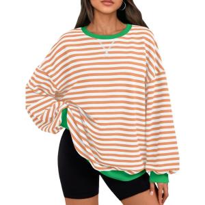 imageTrendy Queen Oversized Sweatshirt for Women 2026 Fall Crewneck Striped Long Sleeve Shirts Hoodies Cute Top Y2K OutfitsOrangewhite