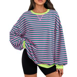 imageTrendy Queen Oversized Sweatshirt for Women 2026 Fall Crewneck Striped Long Sleeve Shirts Hoodies Cute Top Y2K OutfitsPinkgreen