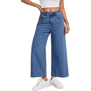 imageTrendy Queen Womens High Waisted Straight Wide Leg Jeans Stretchy Barrel Baggy Denim Capri Pants Raw HemBlue