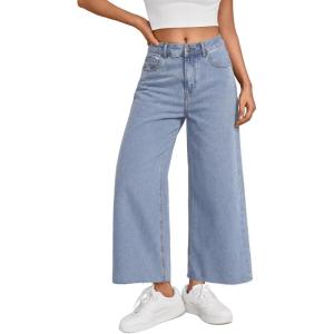 imageTrendy Queen Womens High Waisted Straight Wide Leg Jeans Stretchy Barrel Baggy Denim Capri Pants Raw HemLight Blue