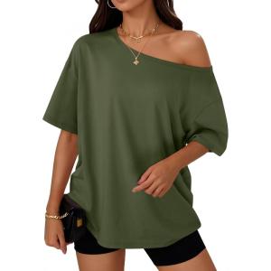 imageTrendy Queen Womens Off The Shoulder Tops Oversized TShirts Short Sleeve Tees Summer 2026 Casual Spring Fashion ClothesArmygreen