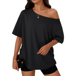 imageTrendy Queen Womens Off The Shoulder Tops Oversized TShirts Short Sleeve Tees Summer 2026 Casual Spring Fashion ClothesBlack