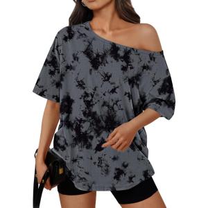 imageTrendy Queen Womens Off The Shoulder Tops Oversized TShirts Short Sleeve Tees Summer 2026 Casual Spring Fashion ClothesCamodarkgrey