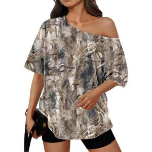 imageTrendy Queen Womens Off The Shoulder Tops Oversized TShirts Short Sleeve Tees Summer 2026 Casual Spring Fashion ClothesCamokhakigrey