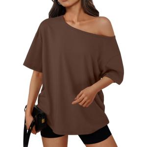 imageTrendy Queen Womens Off The Shoulder Tops Oversized TShirts Short Sleeve Tees Summer 2026 Casual Spring Fashion ClothesChocolate Brown