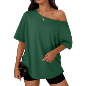 imageTrendy Queen Womens Off The Shoulder Tops Oversized TShirts Short Sleeve Tees Summer 2026 Casual Spring Fashion ClothesDarkgreen