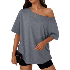 imageTrendy Queen Womens Off The Shoulder Tops Oversized TShirts Short Sleeve Tees Summer 2026 Casual Spring Fashion ClothesDarkgrey