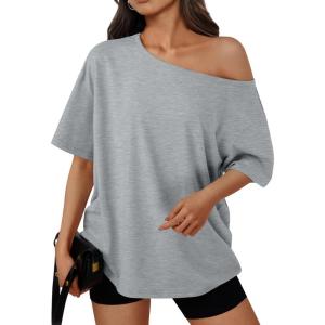 imageTrendy Queen Womens Off The Shoulder Tops Oversized TShirts Short Sleeve Tees Summer 2026 Casual Spring Fashion ClothesGrey