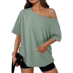 imageTrendy Queen Womens Off The Shoulder Tops Oversized TShirts Short Sleeve Tees Summer 2026 Casual Spring Fashion ClothesGrey Green