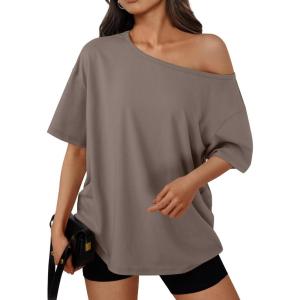 imageTrendy Queen Womens Off The Shoulder Tops Oversized TShirts Short Sleeve Tees Summer 2026 Casual Spring Fashion ClothesGrey Khaki