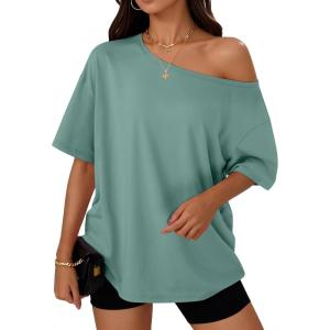 imageTrendy Queen Womens Off The Shoulder Tops Oversized TShirts Short Sleeve Tees Summer 2026 Casual Spring Fashion ClothesLightgreen