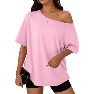 imageTrendy Queen Womens Off The Shoulder Tops Oversized TShirts Short Sleeve Tees Summer 2026 Casual Spring Fashion ClothesPink