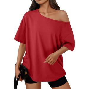imageTrendy Queen Womens Off The Shoulder Tops Oversized TShirts Short Sleeve Tees Summer 2026 Casual Spring Fashion ClothesRed