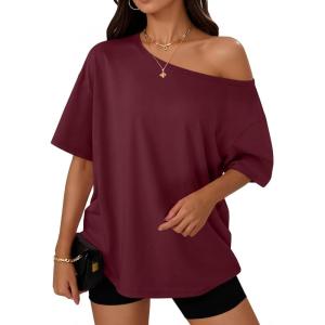 imageTrendy Queen Womens Off The Shoulder Tops Oversized TShirts Short Sleeve Tees Summer 2026 Casual Spring Fashion ClothesWinered