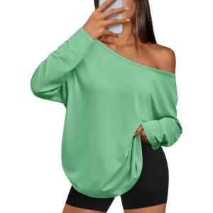 imageTrendy Queen Womens Off The Shoulder Tops Oversized Tshirts Long Sleeve 2026 Casual Basic TeesGreen