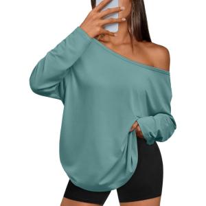 imageTrendy Queen Womens Off The Shoulder Tops Oversized Tshirts Long Sleeve 2026 Casual Basic TeesGrey Green