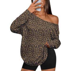 imageTrendy Queen Womens Off The Shoulder Tops Oversized Tshirts Long Sleeve 2026 Casual Basic TeesLeopard