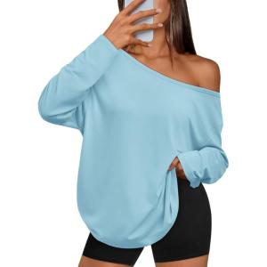 imageTrendy Queen Womens Off The Shoulder Tops Oversized Tshirts Long Sleeve 2026 Casual Basic TeesLight Blue