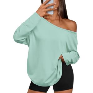 imageTrendy Queen Womens Off The Shoulder Tops Oversized Tshirts Long Sleeve 2026 Casual Basic TeesMint Green