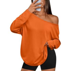 imageTrendy Queen Womens Off The Shoulder Tops Oversized Tshirts Long Sleeve 2026 Casual Basic TeesOrange