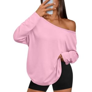imageTrendy Queen Womens Off The Shoulder Tops Oversized Tshirts Long Sleeve 2026 Casual Basic TeesPink