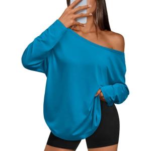 imageTrendy Queen Womens Off The Shoulder Tops Oversized Tshirts Long Sleeve 2026 Casual Basic TeesRoyal Blue