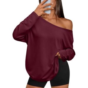 imageTrendy Queen Womens Off The Shoulder Tops Oversized Tshirts Long Sleeve 2026 Casual Basic TeesWinered