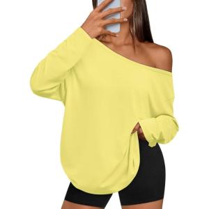 imageTrendy Queen Womens Off The Shoulder Tops Oversized Tshirts Long Sleeve 2026 Casual Basic TeesYellow