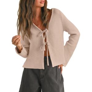 imageTrendy Queen Womens Tie Front Tops Fall Cardigan Sweaters 2026 Fashion Crochet Crop Winter Clothes Cute Y2K Casual OutfitsApricot