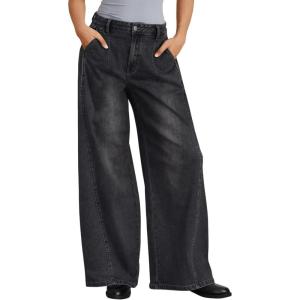 imageTrendy Queen Womens Wide Leg Jeans with Side Pleats  Baggy Casual Denim Pants in Soft Drapery FabricBlack