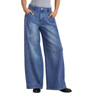 imageTrendy Queen Womens Wide Leg Jeans with Side Pleats  Baggy Casual Denim Pants in Soft Drapery FabricBlue